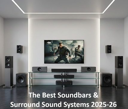 Best soundbars and surround sound systems 2026 Best Soundbars and Surround Sound Systems 2026: A high-end home theater room featuring an immersive audio setup with a Verified by Core Synt