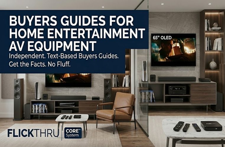 Buyers Guides for Home Entertainment / AV Systems Technical "X-ray" style visual of a high-end UK home cinema setup featuring a 65" OLED TV, AV receiver, floor-standing speakers, and multipl
