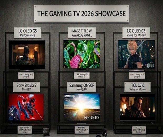 The Gaming TV 2026 Showcase: CORE™ Rankings & Energy Ratings The Gaming TV 2026 Showcase CORE rankings for LG G5 (94) Samsung S95F (92), LG C5 (91) Sony Bravia 9 (89), Samsung QN90F (87) & TCL C7K (85)