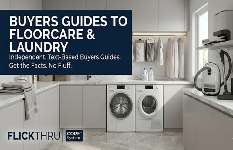 Buyers Guides to Laundry and Floorcare Appliances 2026 Technical visual of a modern UK utility room featuring a matching washing machine and heat pump dryer, a cylinder vacuum cleaner, and a wall