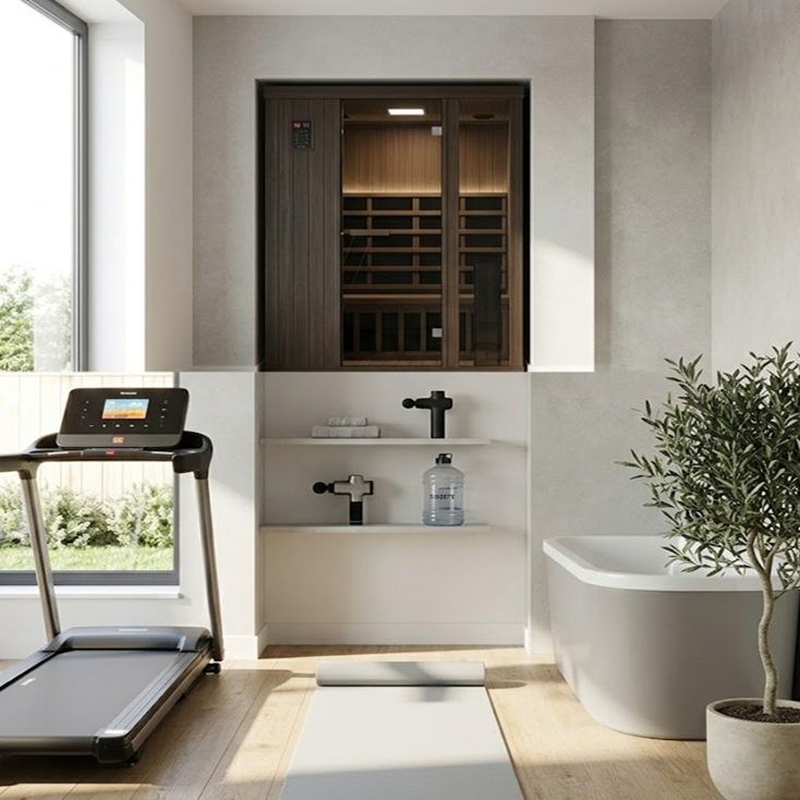Top Rated Health, Fitness & Wellbeing Suite 2026 Modern home gym and wellness suite featuring smart treadmill and infrared sauna UK 2026.